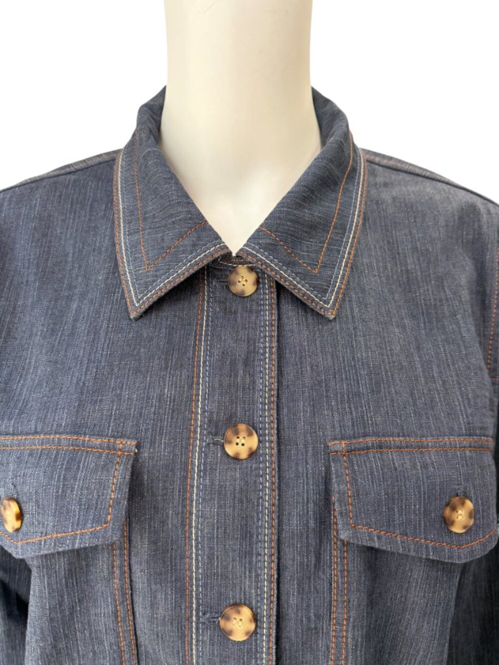Lafayette 148 Blue Denim Jean Button Down Polo Shirt Top size Large - Picture 2 of 9